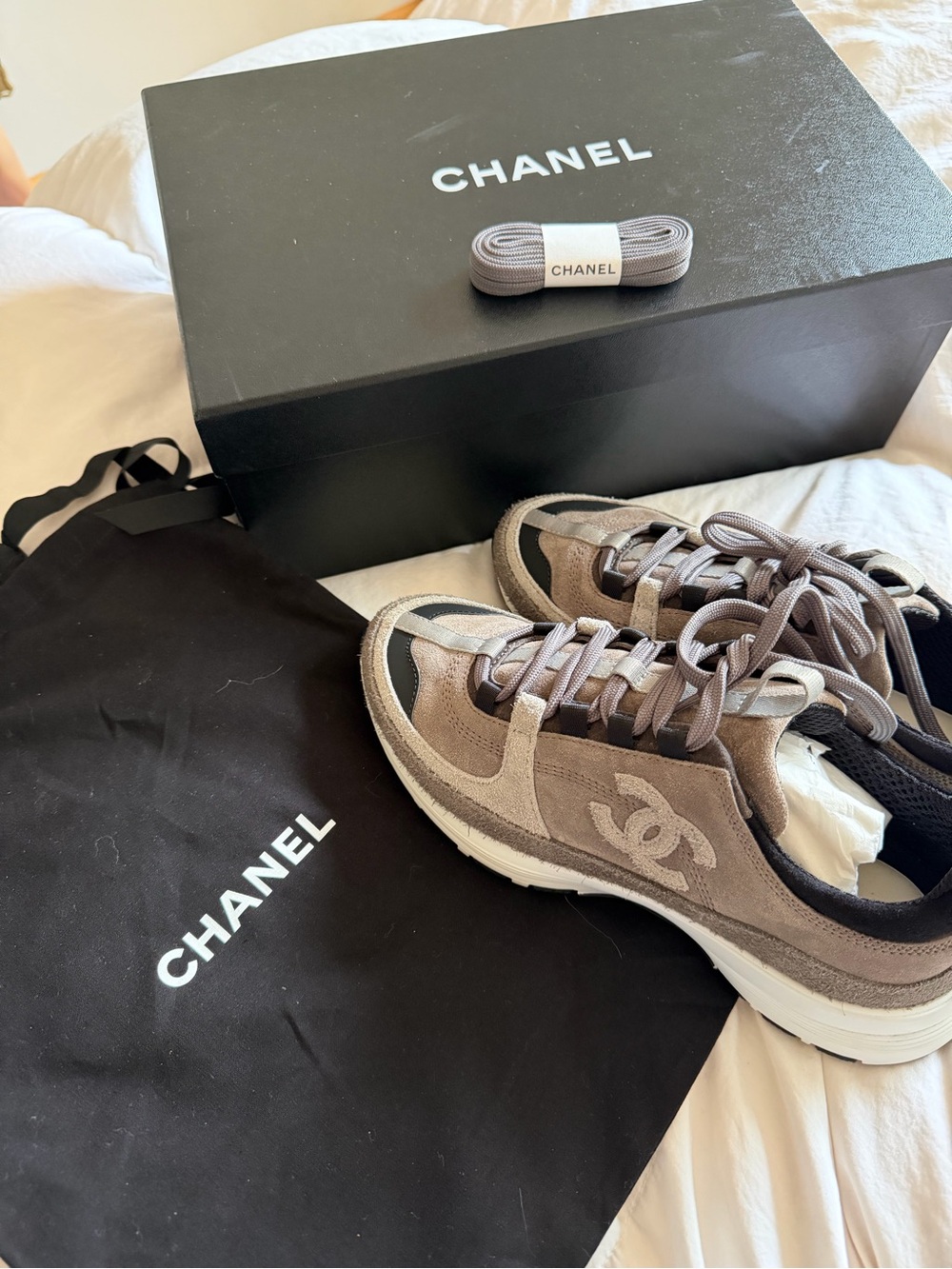 CHANEL RUNNERS Taupe and Black Suede CC Logo Sneakers